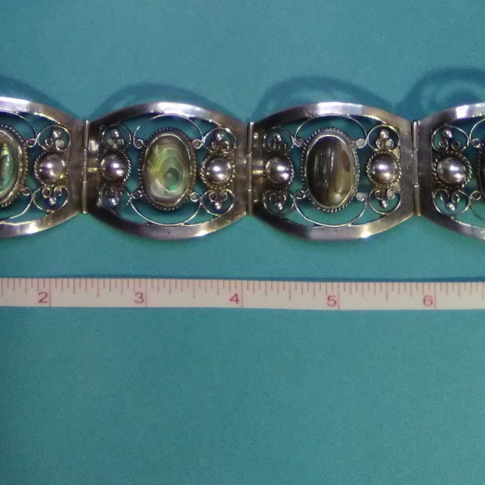 Vintage Sterling Silver Abalone Panel Wide Ornate Bracelet 925 - Picture 7 of 9